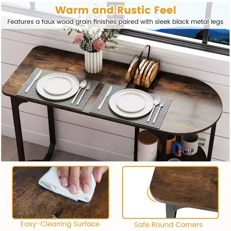 Costway Set Tavolo da Pranzo 3 Pezzi, Tavolo da Cucina in Legno e Metallo e 2 Sgabelli con Ripiani Rustic Brown+Black/White+Golden