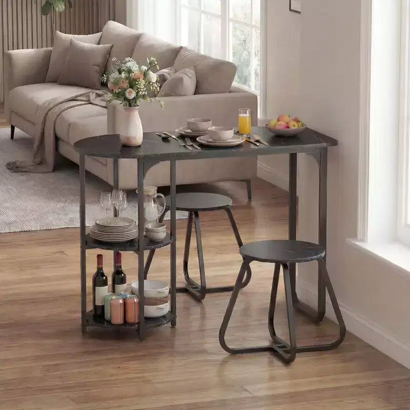 Costway Set Tavolo da Pranzo 3 Pezzi, Tavolo da Cucina in Legno e Metallo e 2 Sgabelli con Ripiani Rustic Brown+Black/White+Golden