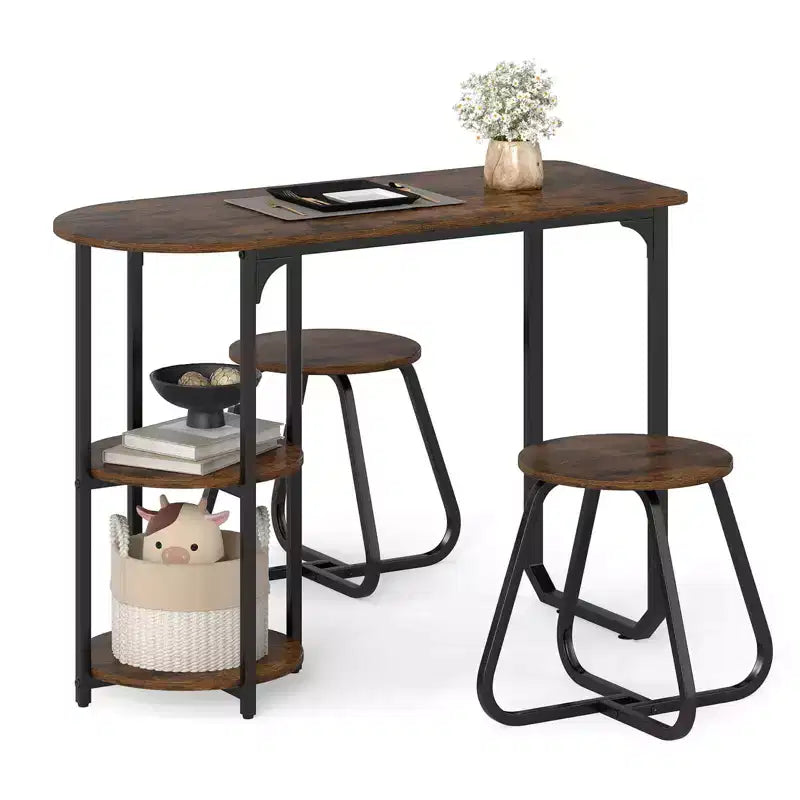 Costway Set Tavolo da Pranzo 3 Pezzi, Tavolo da Cucina in Legno e Metallo e 2 Sgabelli con Ripiani Rustic Brown+Black/White+Golden