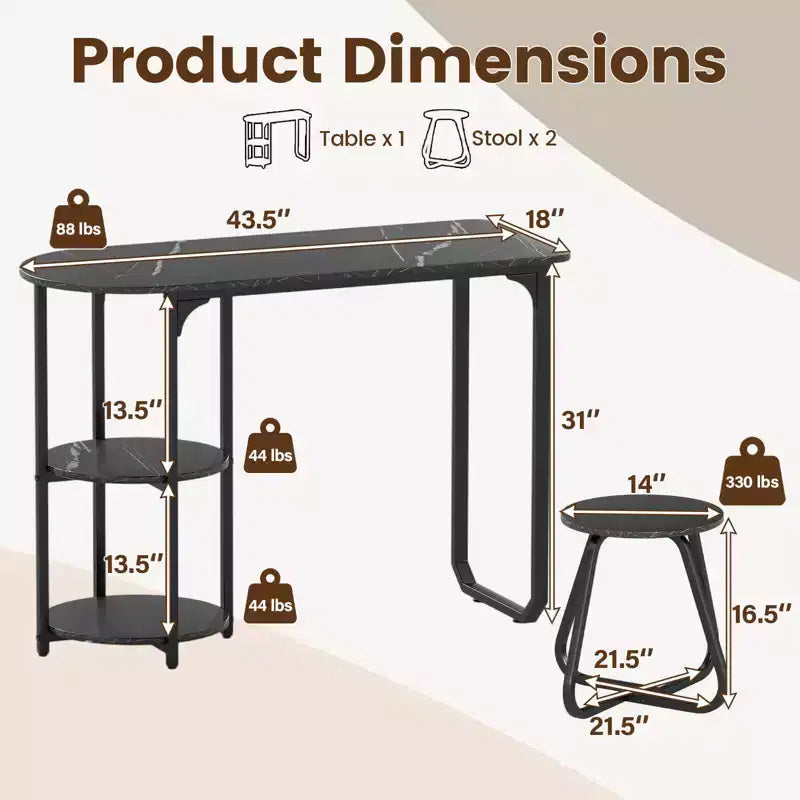 Costway Set Tavolo da Pranzo 3 Pezzi, Tavolo da Cucina in Legno e Metallo e 2 Sgabelli con Ripiani Rustic Brown+Black/White+Golden