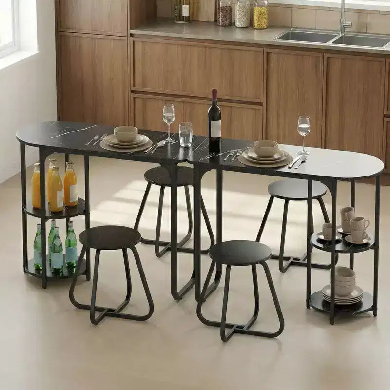 Costway Set Tavolo da Pranzo 3 Pezzi, Tavolo da Cucina in Legno e Metallo e 2 Sgabelli con Ripiani Rustic Brown+Black/White+Golden