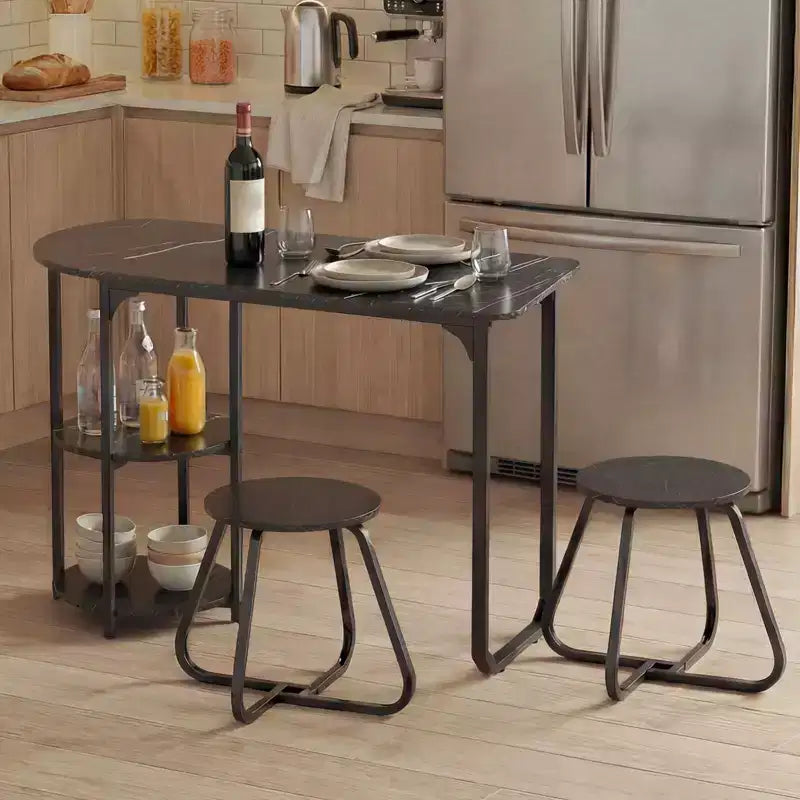 Costway Set Tavolo da Pranzo 3 Pezzi, Tavolo da Cucina in Legno e Metallo e 2 Sgabelli con Ripiani Rustic Brown+Black/White+Golden