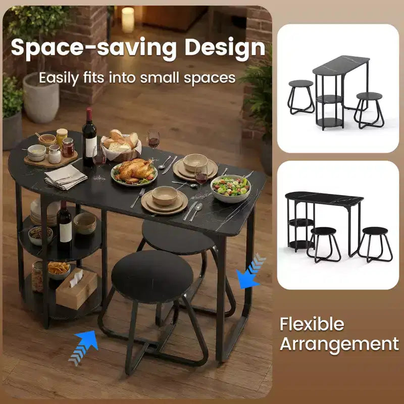 Costway Set Tavolo da Pranzo 3 Pezzi, Tavolo da Cucina in Legno e Metallo e 2 Sgabelli con Ripiani Rustic Brown+Black/White+Golden