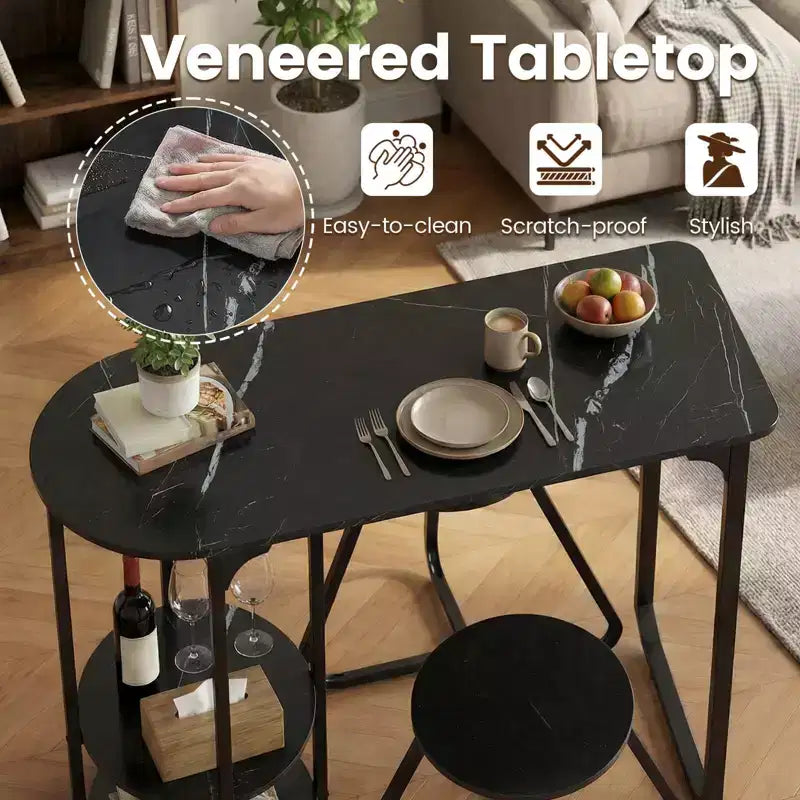 Costway Set Tavolo da Pranzo 3 Pezzi, Tavolo da Cucina in Legno e Metallo e 2 Sgabelli con Ripiani Rustic Brown+Black/White+Golden
