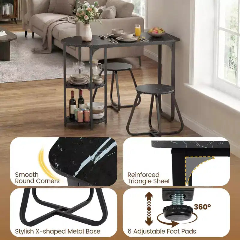 Costway Set Tavolo da Pranzo 3 Pezzi, Tavolo da Cucina in Legno e Metallo e 2 Sgabelli con Ripiani Rustic Brown+Black/White+Golden