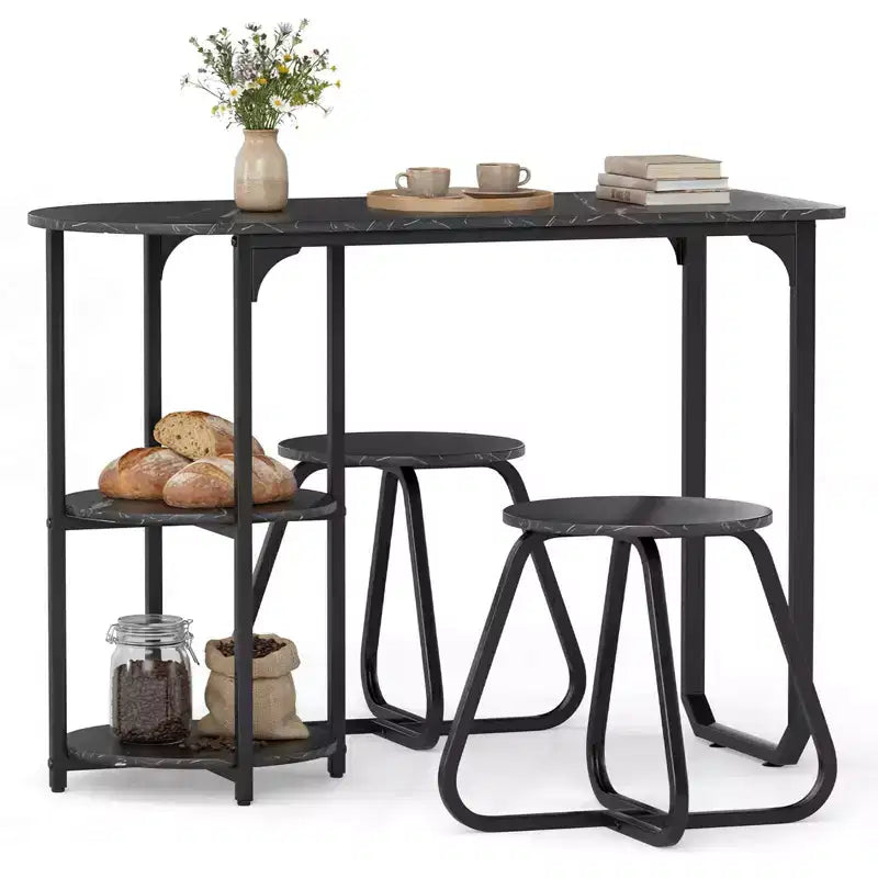 Costway 3 PCS Dining Table Set, Wooden Metal Kitchen Table & 2 Stools with Storage Shelves Rustic Brown+Black/White+Golden
