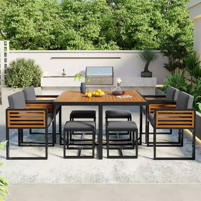 Set da pranzo GDFStudio Donald per patio, 9 pezzi, in legno di acacia, con tavolo quadrato, 4 sedie imbottite e 4 sgabelli