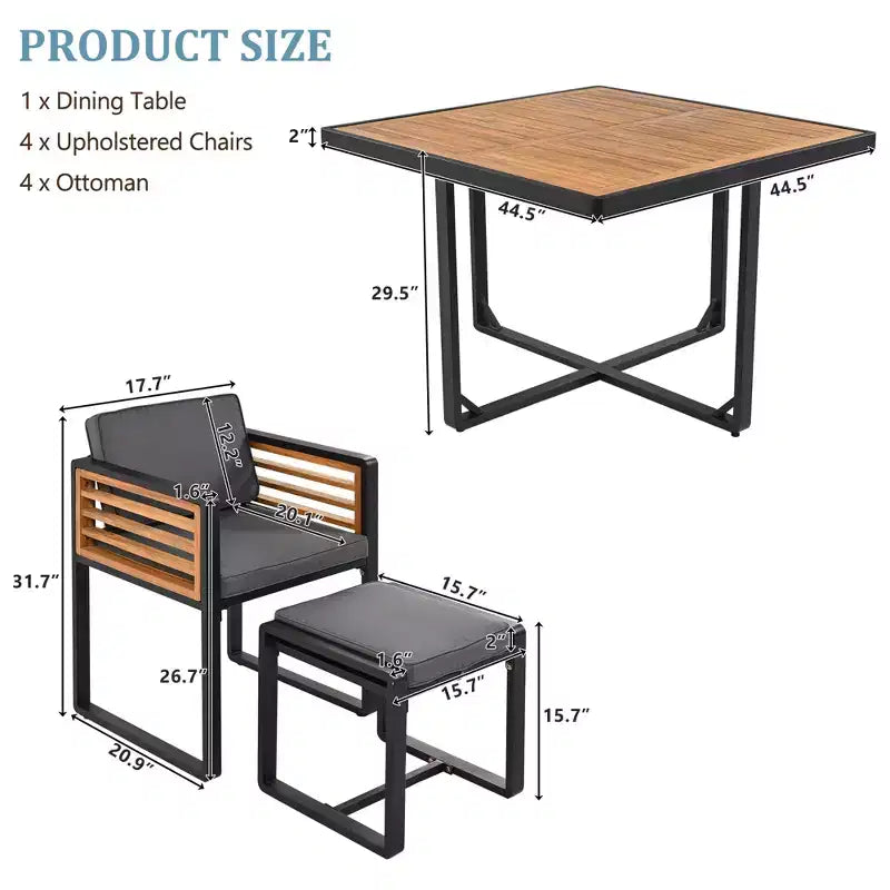 Set da pranzo GDFStudio Donald per patio, 9 pezzi, in legno di acacia, con tavolo quadrato, 4 sedie imbottite e 4 sgabelli