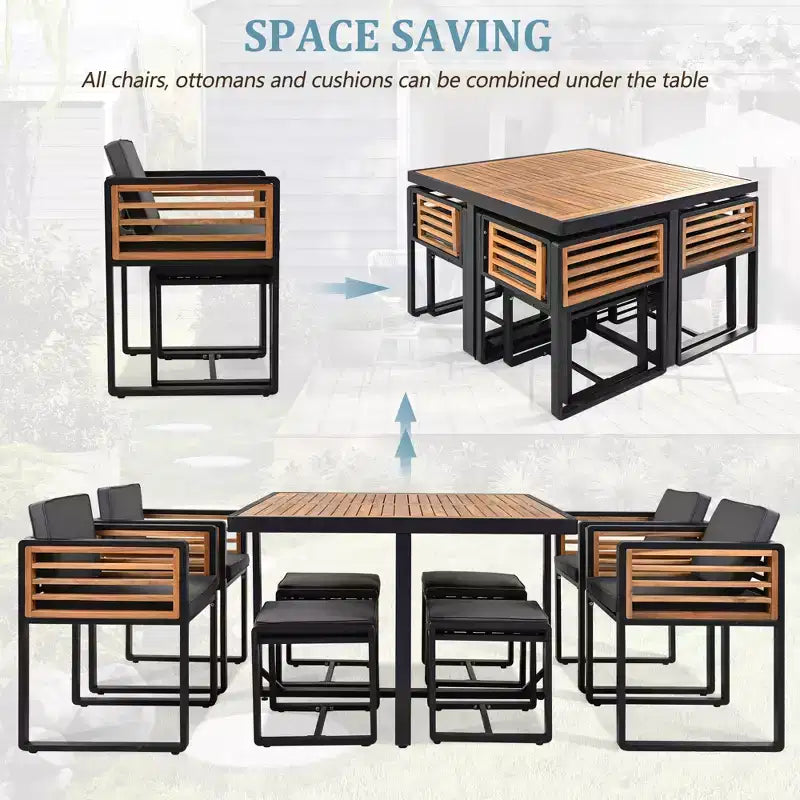 Set da pranzo GDFStudio Donald per patio, 9 pezzi, in legno di acacia, con tavolo quadrato, 4 sedie imbottite e 4 sgabelli