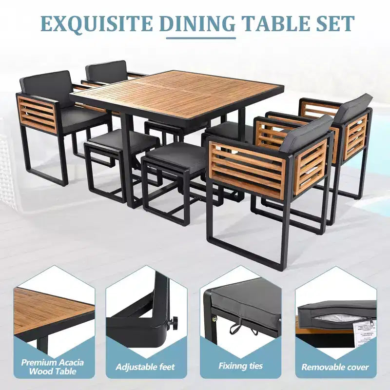 Set da pranzo GDFStudio Donald per patio, 9 pezzi, in legno di acacia, con tavolo quadrato, 4 sedie imbottite e 4 sgabelli