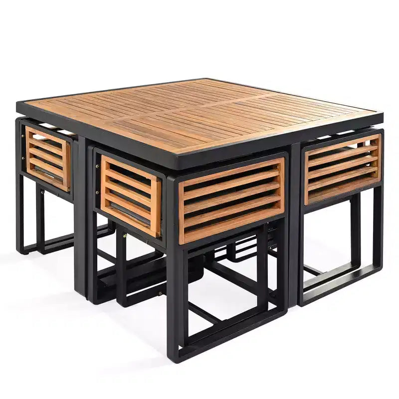Set da pranzo GDFStudio Donald per patio, 9 pezzi, in legno di acacia, con tavolo quadrato, 4 sedie imbottite e 4 sgabelli