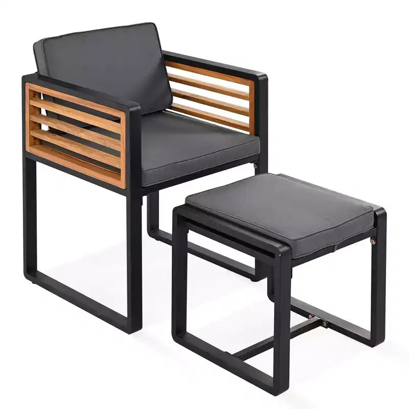 Set da pranzo GDFStudio Donald per patio, 9 pezzi, in legno di acacia, con tavolo quadrato, 4 sedie imbottite e 4 sgabelli