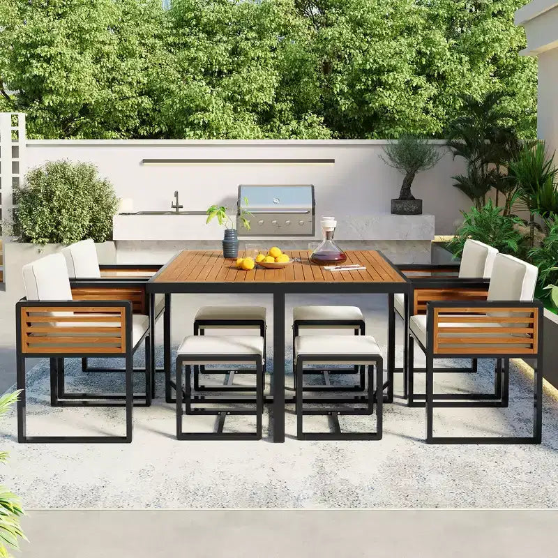 Set da pranzo GDFStudio Donald per patio, 9 pezzi, in legno di acacia, con tavolo quadrato, 4 sedie imbottite e 4 sgabelli