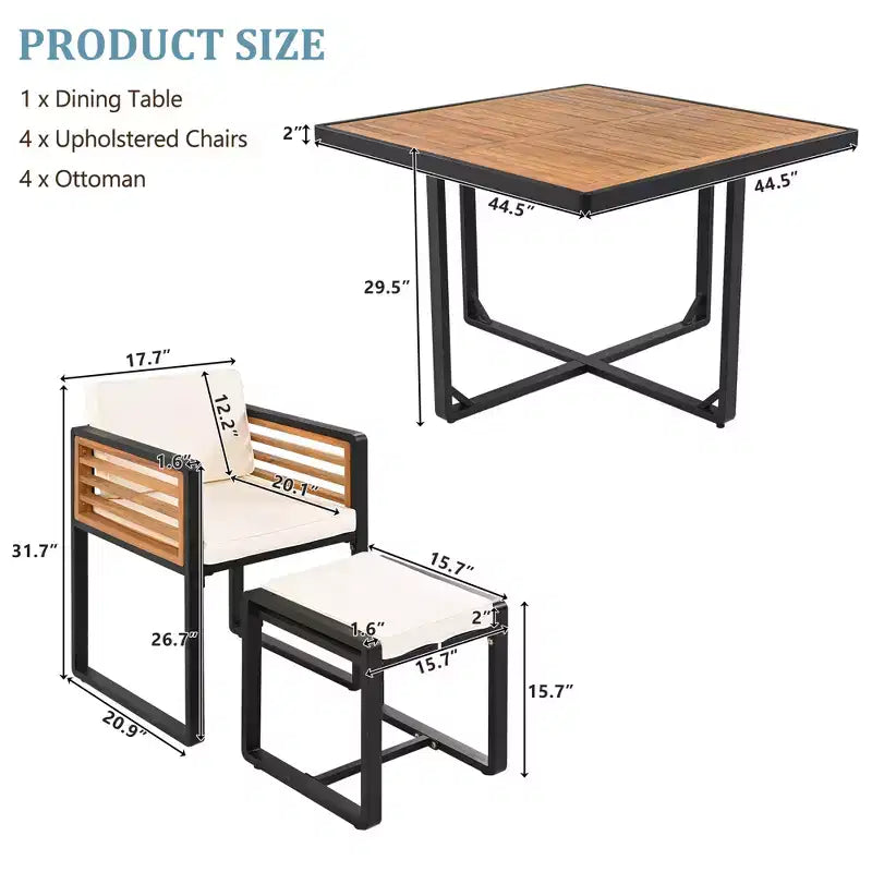 Set da pranzo GDFStudio Donald per patio, 9 pezzi, in legno di acacia, con tavolo quadrato, 4 sedie imbottite e 4 sgabelli