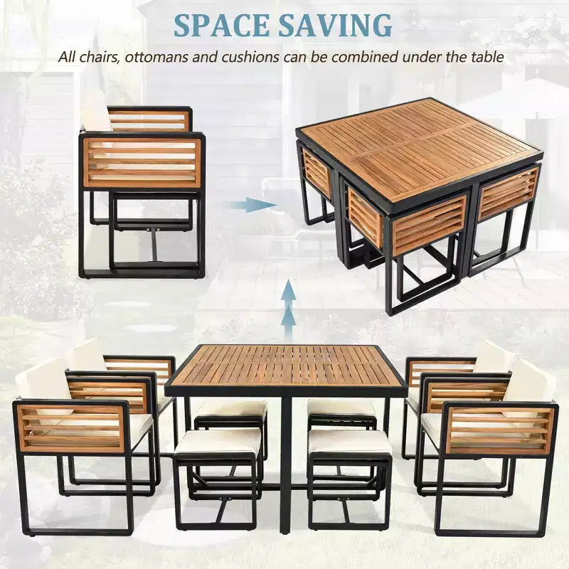 Set da pranzo GDFStudio Donald per patio, 9 pezzi, in legno di acacia, con tavolo quadrato, 4 sedie imbottite e 4 sgabelli