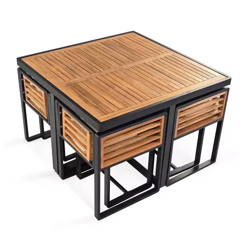 Set da pranzo GDFStudio Donald per patio, 9 pezzi, in legno di acacia, con tavolo quadrato, 4 sedie imbottite e 4 sgabelli