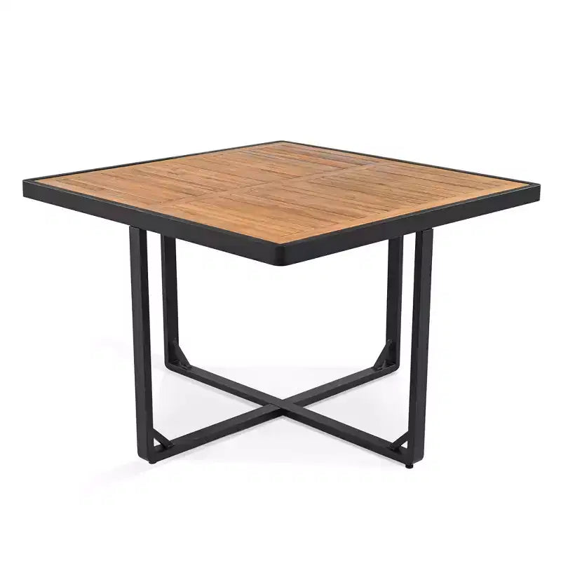 Set da pranzo GDFStudio Donald per patio, 9 pezzi, in legno di acacia, con tavolo quadrato, 4 sedie imbottite e 4 sgabelli