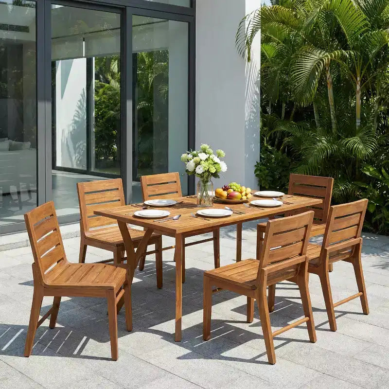 Christopher Knight Home Lorenzo Modern 7 Piece Acacia Wood Dining Set with Slatted Design and Curved Legs
