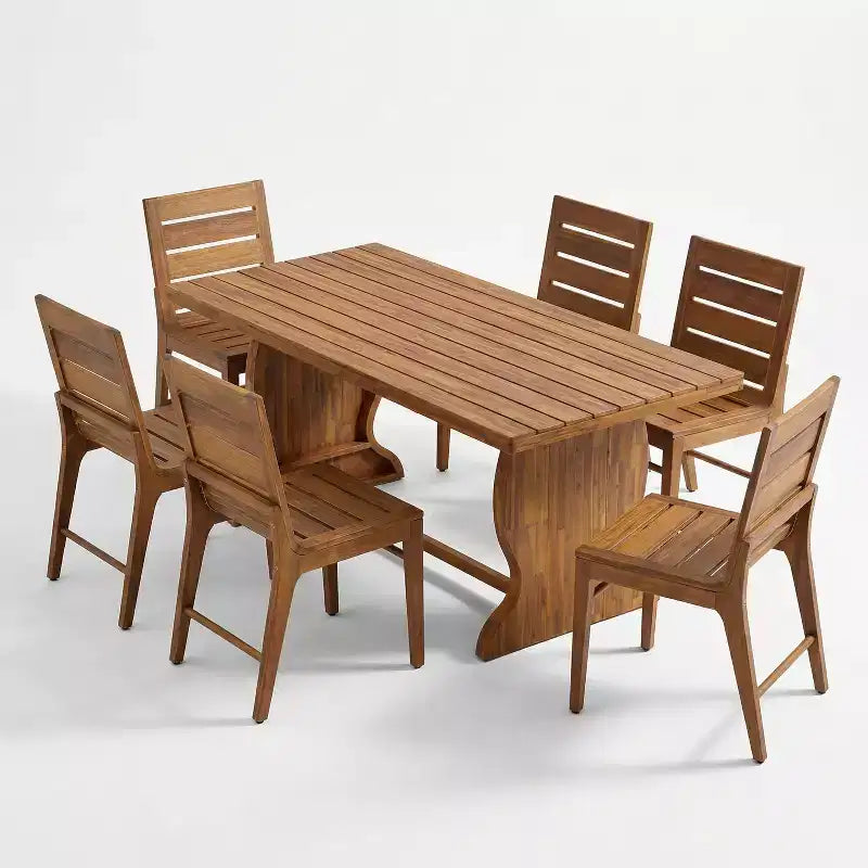 Set da pranzo moderno Christopher Knight Home Lorenzo a 7 pezzi in legno di acacia con design a doghe e gambe a forma di coda di pesce