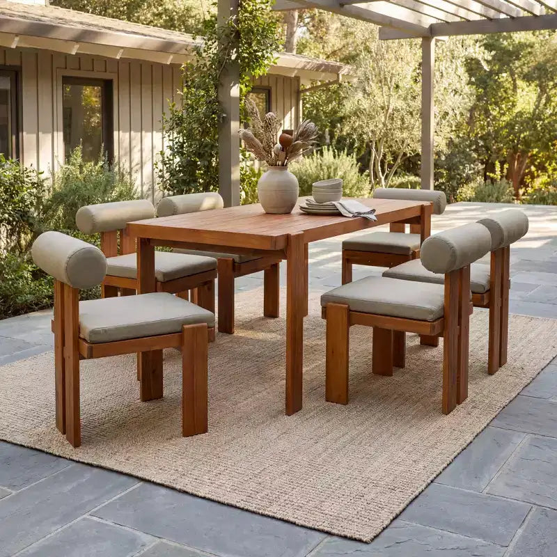 Christopher Knight Home Lucia Set da Pranzo da Esterno Moderno di 7 Pezzi in Acacia Imbottito con Schienale Curvo e Tavolo a Doghe