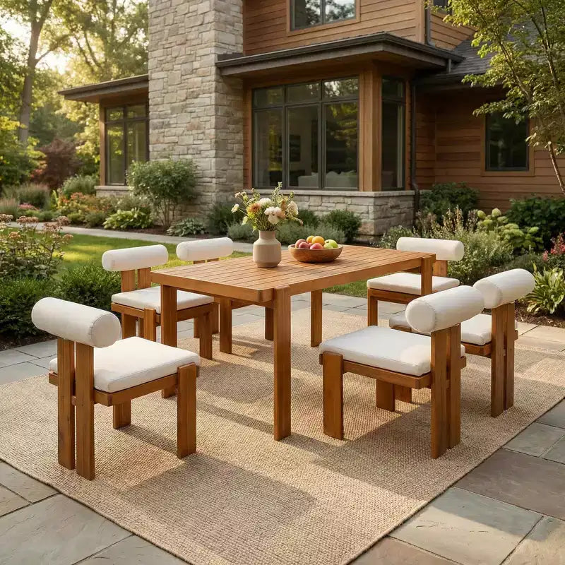 Christopher Knight Home Lucia Set da Pranzo da Esterno Moderno di 7 Pezzi in Acacia Imbottito con Schienale Curvo e Tavolo a Doghe