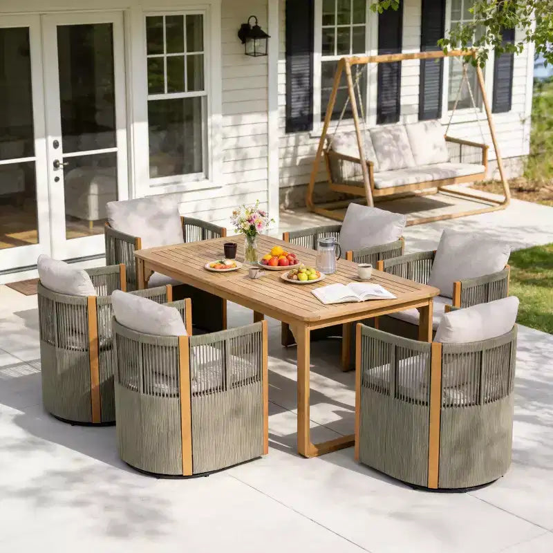 Christopher Knight Home Harrison Patio Set da Pranzo Moderno in Legno di Acacia a 7 Pezzi con 6 Sedie Girevoli in Corda