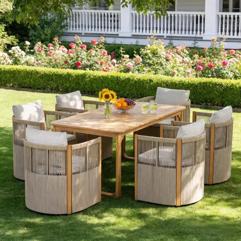 Christopher Knight Home Harrison Patio Set da Pranzo Moderno in Legno di Acacia a 7 Pezzi con 6 Sedie Girevoli in Corda