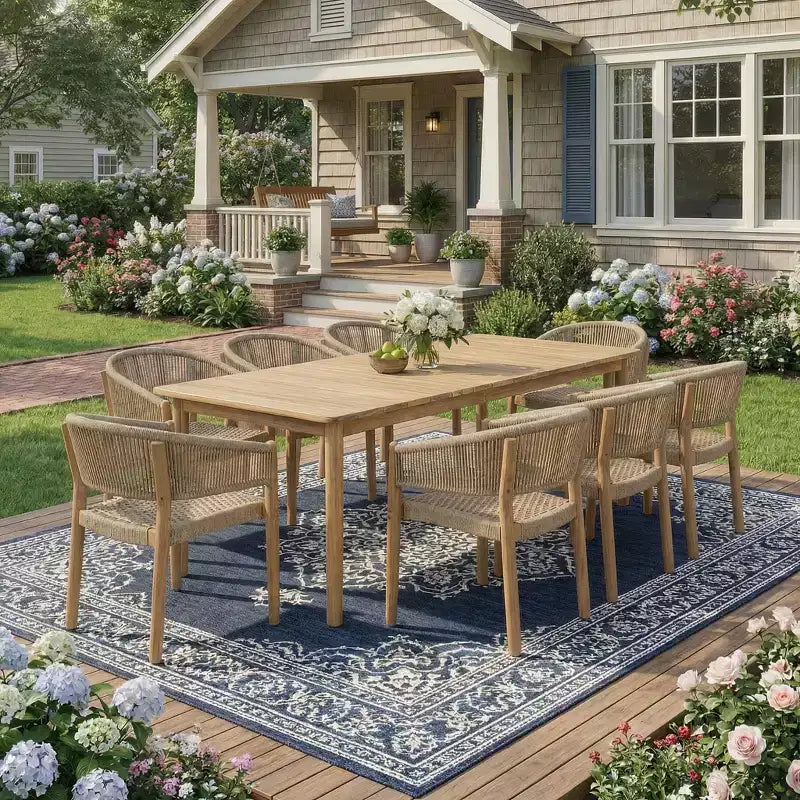 Christopher Knight Home Emeric Bohemian 9 Piece Outdoor Acacia Wood Rope Dining Seating with Slatted Table