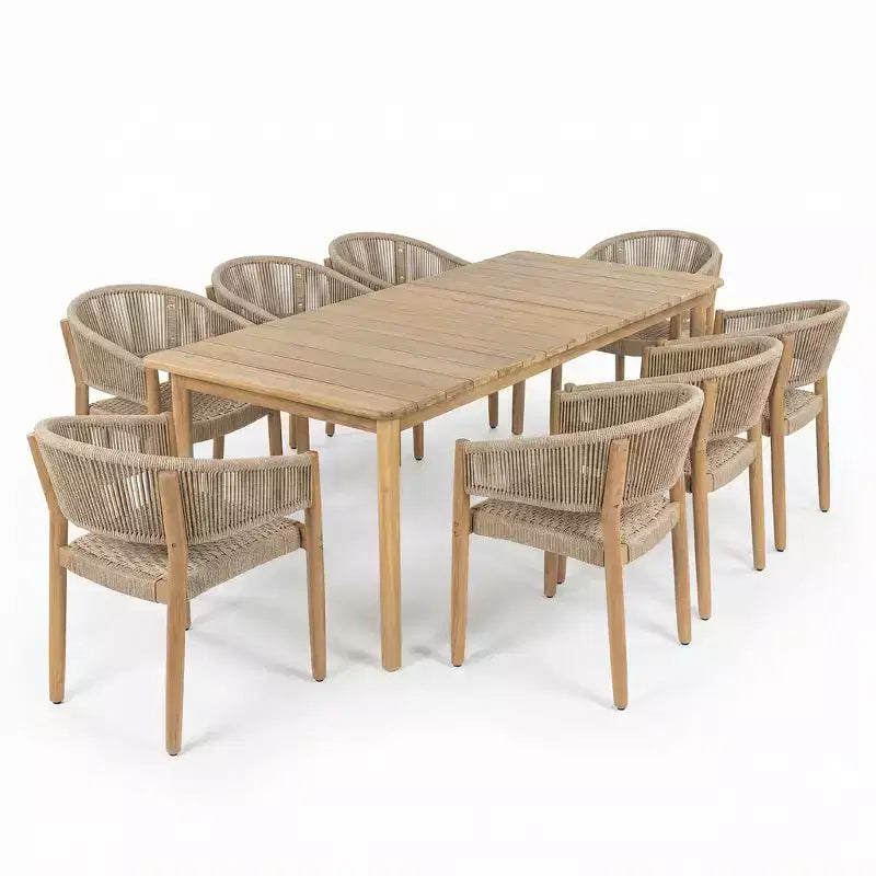 Christopher Knight Home Emeric Set da Pranzo da Esterno Bohemien 9 Pezzi in Legno di Acacia e Corda con Tavolo a Doghe