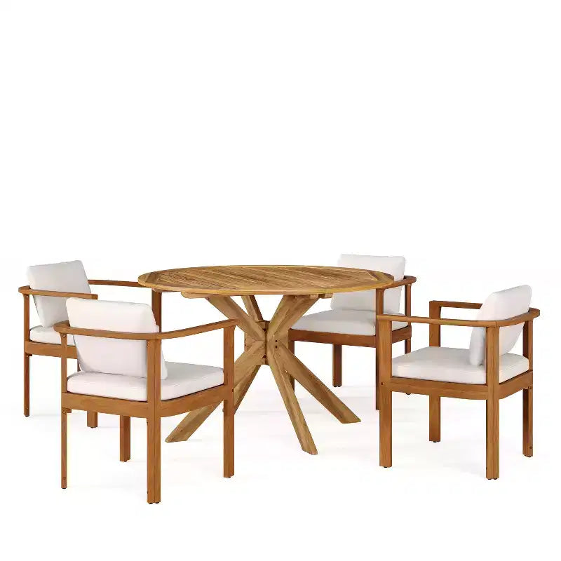 Christopher Knight Home Everett Set da pranzo rotondo da esterno a 5 pezzi in legno di acacia rustico con sedie imbottite per patio