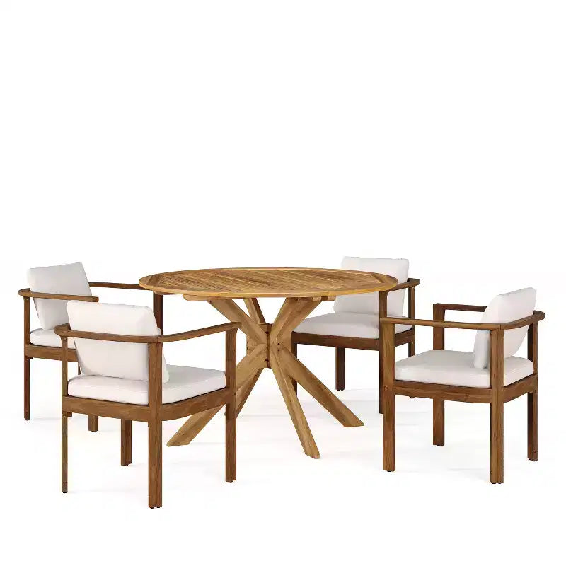 Christopher Knight Home Everett Set da pranzo rotondo da esterno a 5 pezzi in legno di acacia rustico con sedie imbottite per patio