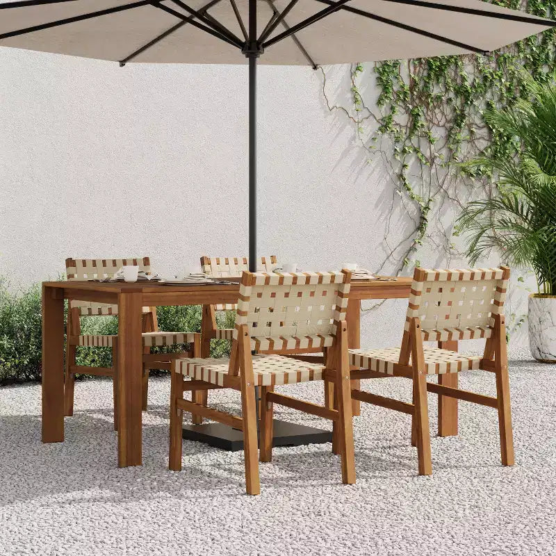 Christopher Knight Home Prem Modern 5 Piece Acacia Wood Patio Dining Set with PE Woven Rope and Slatted Table