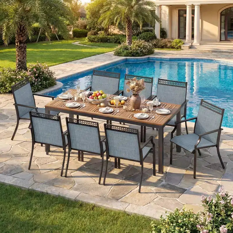 Gymax Set da Pranzo da Giardino 9 Pezzi per 8 Persone con Tessuto ad Asciugatura Rapida e Robusto Legno di Acacia