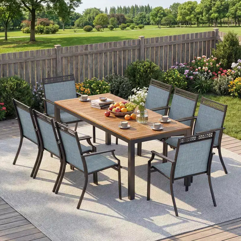 Gymax Set da Pranzo da Giardino 9 Pezzi per 8 Persone con Tessuto ad Asciugatura Rapida e Robusto Legno di Acacia