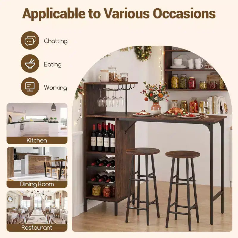 Costway Set di 3 Tavolo e Sedie da Bar Industriale con Portabottiglie e Vini Marrone/Rovere