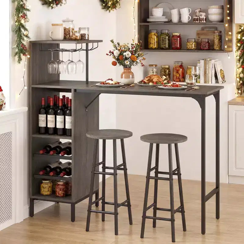 Costway Set di 3 Tavolo e Sedie da Bar Industriale con Portabottiglie e Vini Marrone/Rovere