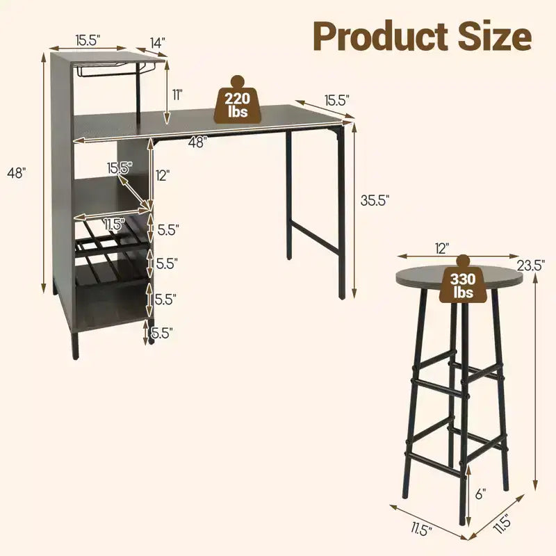 Costway Set di 3 Tavolo e Sedie da Bar Industriale con Portabottiglie e Vini Marrone/Rovere
