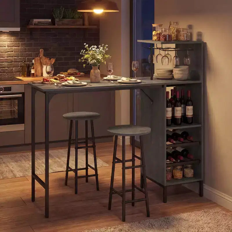 Costway Set di 3 Tavolo e Sedie da Bar Industriale con Portabottiglie e Vini Marrone/Rovere