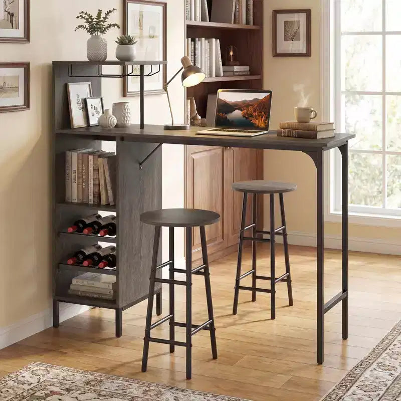 Costway Set di 3 Tavolo e Sedie da Bar Industriale con Portabottiglie e Vini Marrone/Rovere