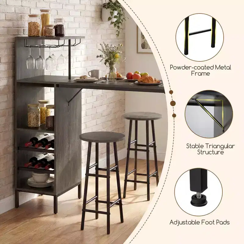 Costway Set di 3 Tavolo e Sedie da Bar Industriale con Portabottiglie e Vini Marrone/Rovere