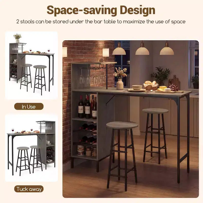 Costway Set di 3 Tavolo e Sedie da Bar Industriale con Portabottiglie e Vini Marrone/Rovere
