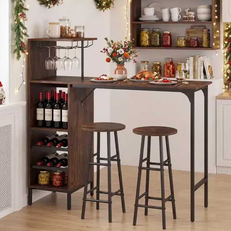 Costway Set di 3 Tavolo e Sedie da Bar Industriale con Portabottiglie e Vini Marrone/Rovere