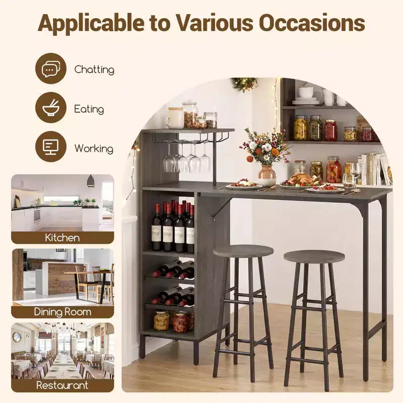 Costway Set di 3 Tavolo e Sedie da Bar Industriale con Portabottiglie e Vini Marrone/Rovere