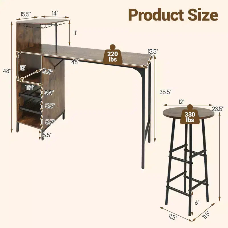 Costway Set di 3 Tavolo e Sedie da Bar Industriale con Portabottiglie e Vini Marrone/Rovere