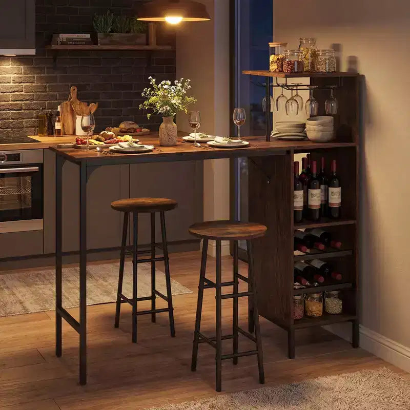 Costway Set di 3 Tavolo e Sedie da Bar Industriale con Portabottiglie e Vini Marrone/Rovere