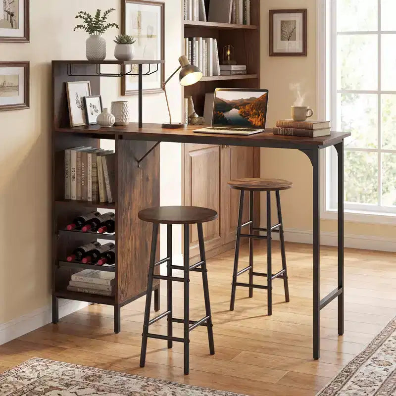 Costway Set di 3 Tavolo e Sedie da Bar Industriale con Portabottiglie e Vini Marrone/Rovere