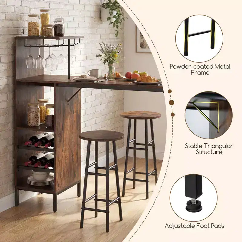 Costway Set di 3 Tavolo e Sedie da Bar Industriale con Portabottiglie e Vini Marrone/Rovere