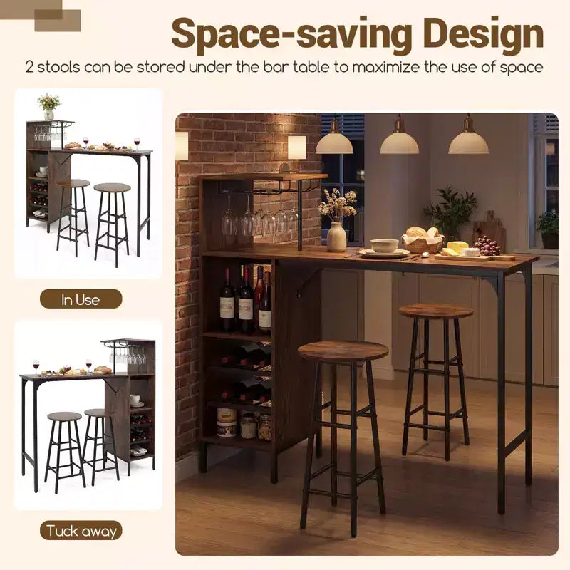 Costway Set di 3 Tavolo e Sedie da Bar Industriale con Portabottiglie e Vini Marrone/Rovere