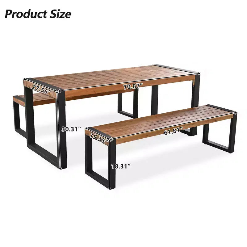 GDFStudio Wesley Set da pranzo con tavolo e 2 panche da esterno in legno di acacia e acciaio