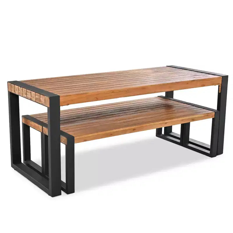 GDFStudio Wesley Set da pranzo con tavolo e 2 panche da esterno in legno di acacia e acciaio